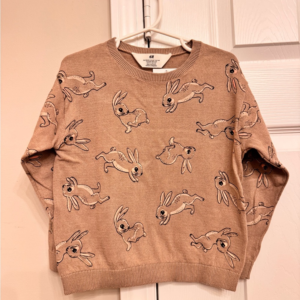 H&M 100% Cotton Beige Light Weight Sweater with Rabbit Print Size 3/4T